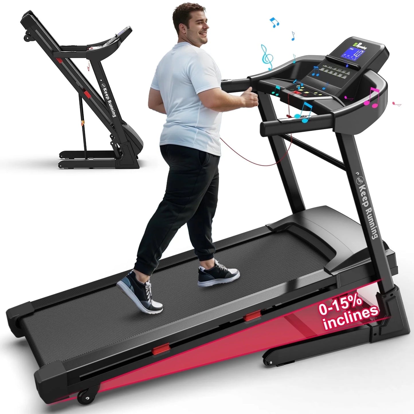 330LBS Weight Capacity with 15% Auto Incline Electric Folding Treadmills for Home, 3.5HP 8.5MPH Max Speed Heart Rate Sensor Double-Rail for Running Walking Jogging Exercise Fitness