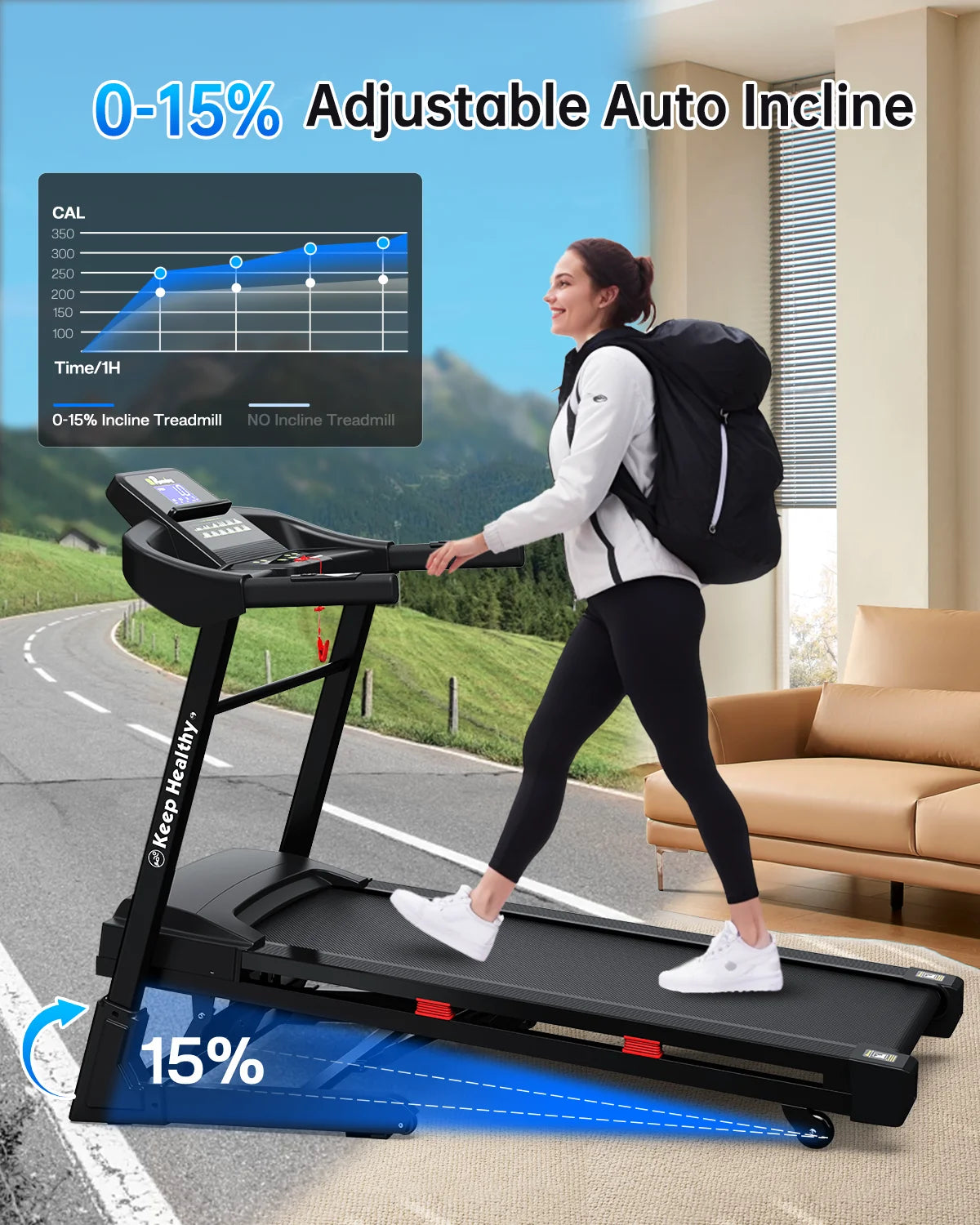 330LBS Weight Capacity with 15% Auto Incline Electric Folding Treadmills for Home, 3.5HP 8.5MPH Max Speed Heart Rate Sensor Double-Rail for Running Walking Jogging Exercise Fitness
